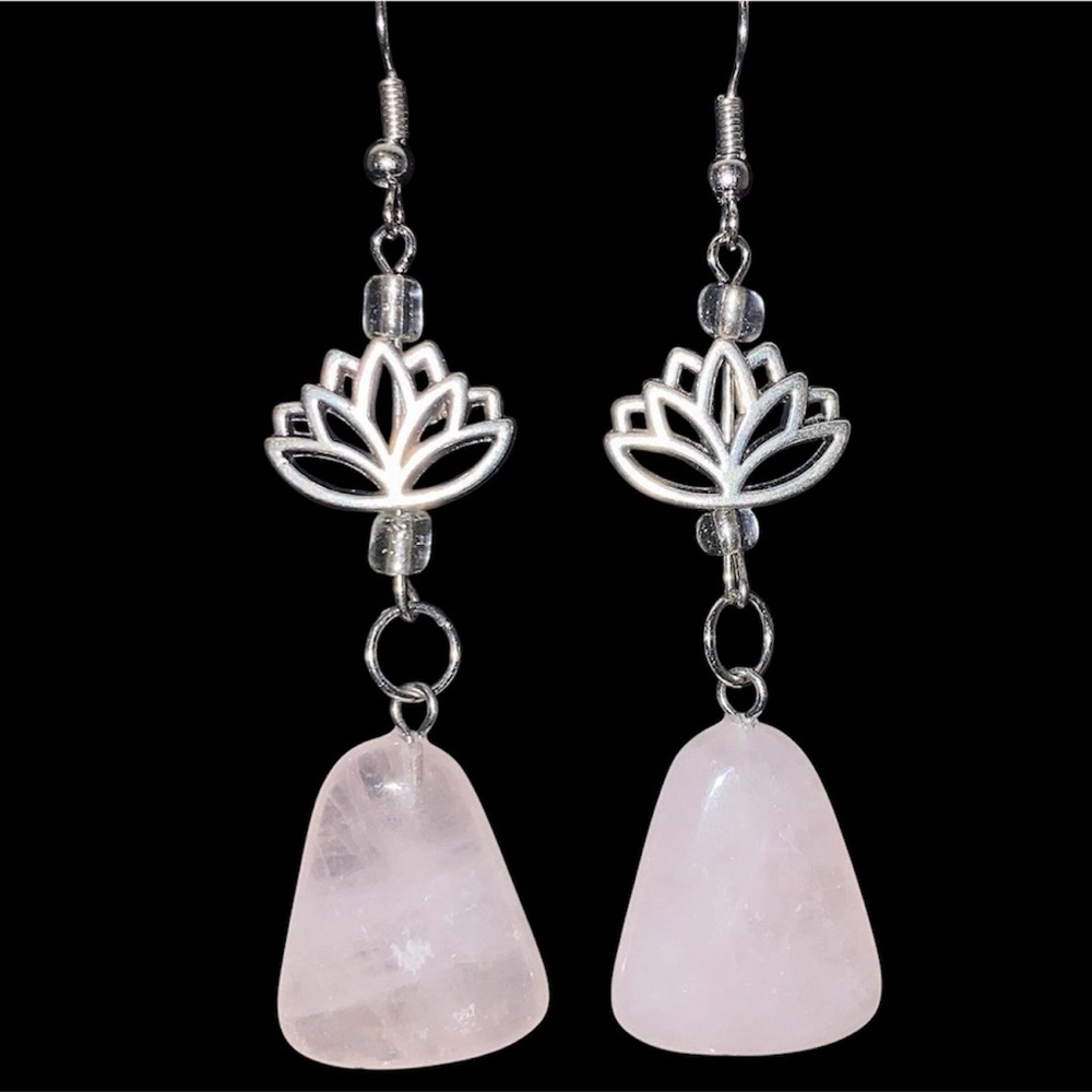 Silver Lotus Charm Earrings with Rose Quartz Pendant